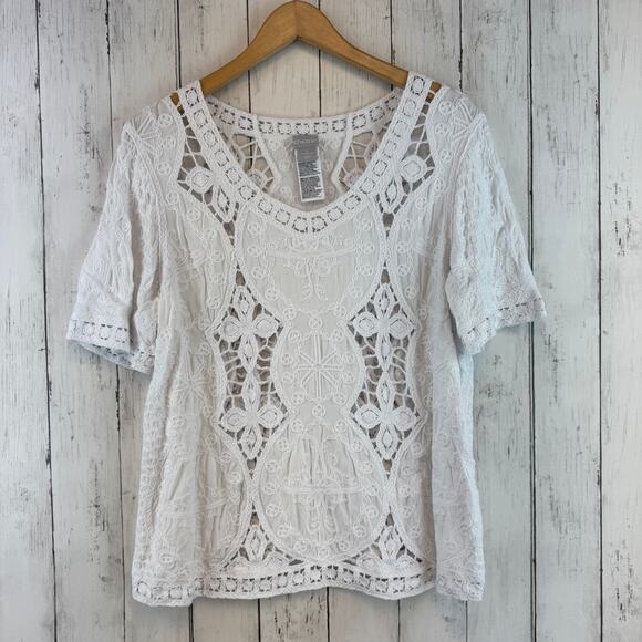Chico's White Cutwork Top Scoop Neck Short Sleeve Knit Blouse Size 2 14/16 - Picture 2 of 14